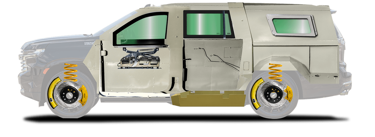 CAD rendering of gray Armored Chevrolet Suburban LT taken from the driver side.