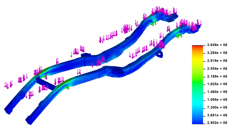 3D simulation model with color-coded stress distribution on two structural beams. Pink vectors indicate direction and magnitude of forces. Color scale on the right denotes varying stress levels.