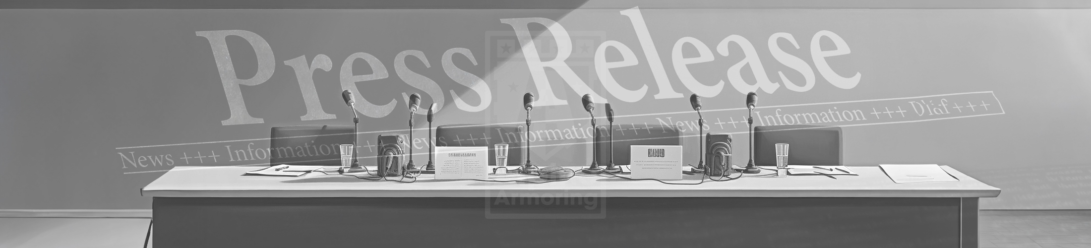 Photo of a table with several microphones and chairs with the words "Press Release" as a backdrop.