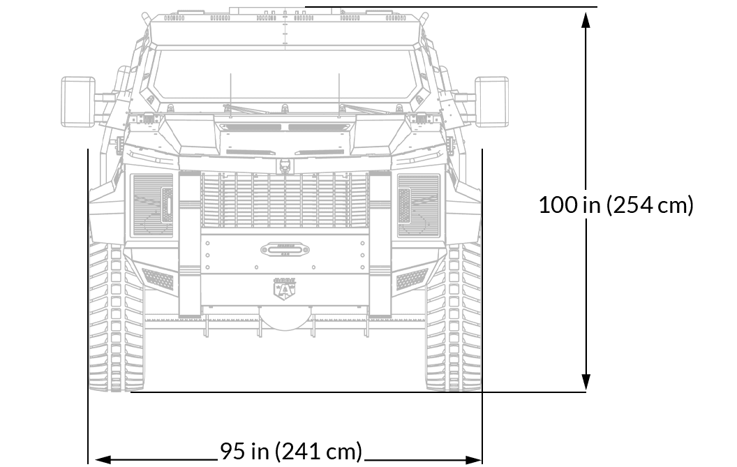 Front view line drawing of an armored Pit-Bull VXT with a pronounced grill, large tires, and side mirrors.