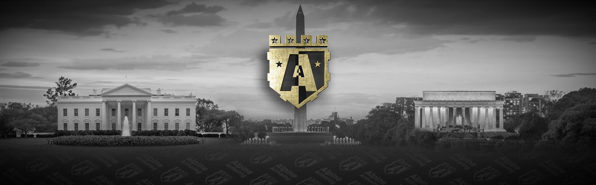 Black and white image with the Alpine Armoring logo featuring stars and a monument, flanked by the White House on the left and the Lincoln Memorial on the right.