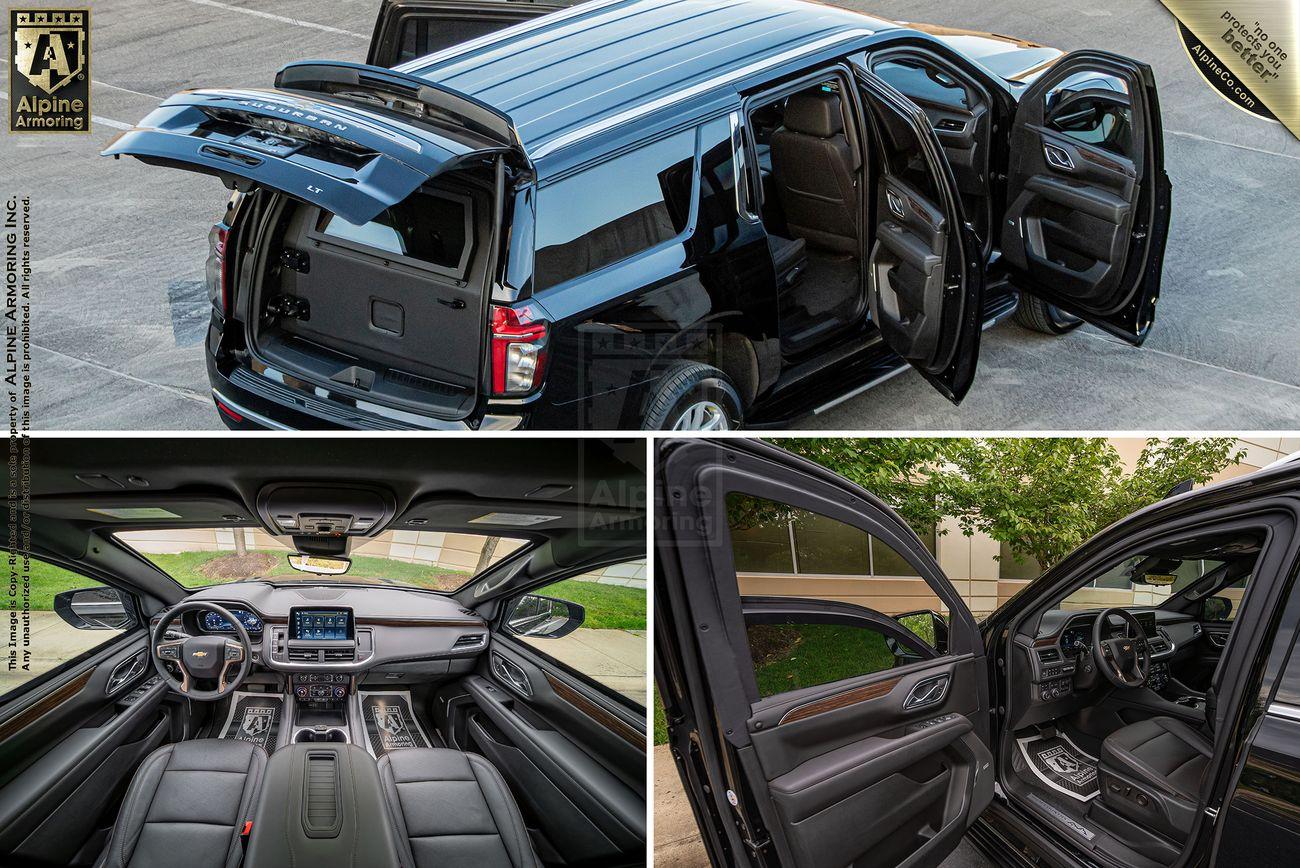 A black armored Chevrolet Suburban LT SUV is shown with its doors and trunk open. The collage also includes interior views highlighting the dashboard, front seats, and rear passenger seat. The vehicle is displayed in an outdoor setting.