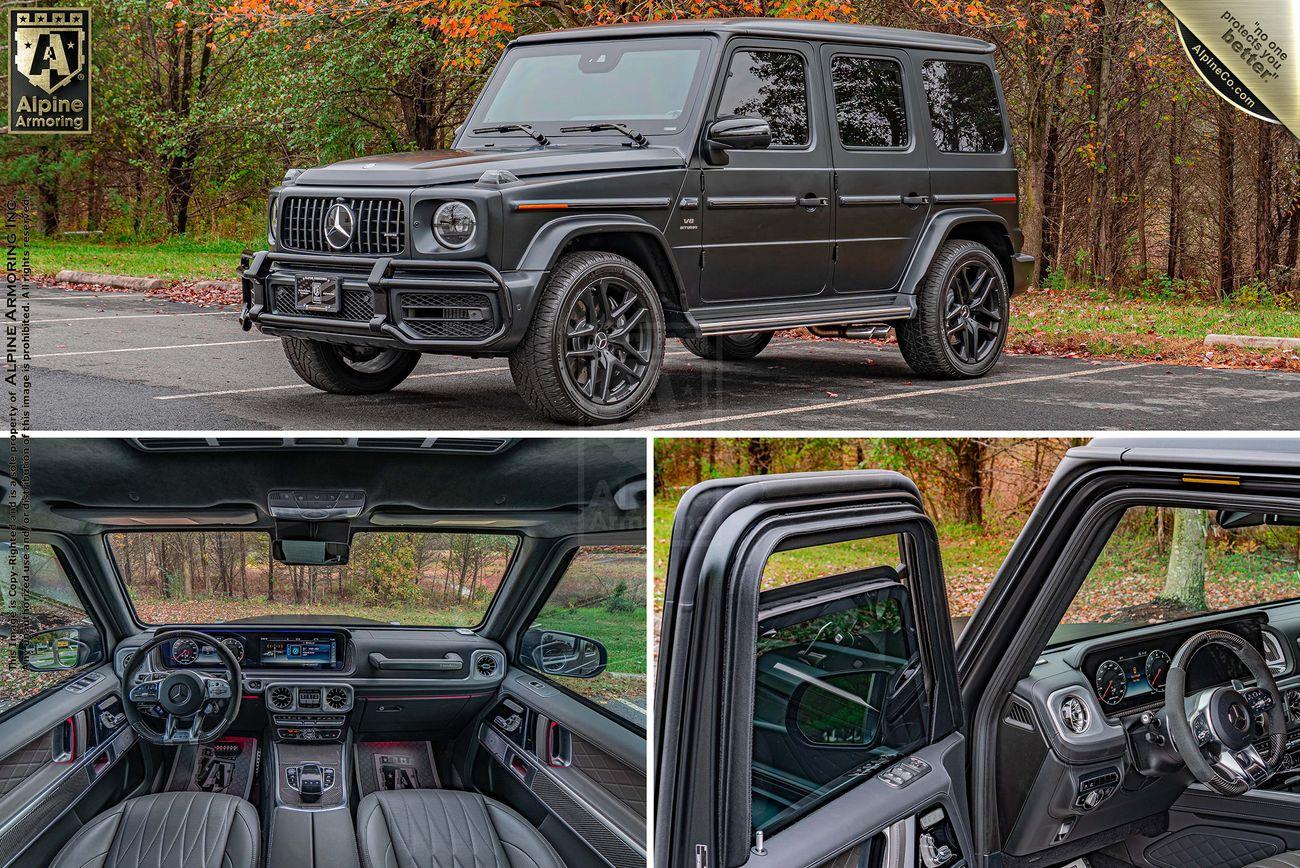 A black G-Class G63 SUV shown from the outside, with two interior shots highlighting the dashboard and seating. The photo also includes a close-up of the interior from a window view. Trees and a parking lot in the background.