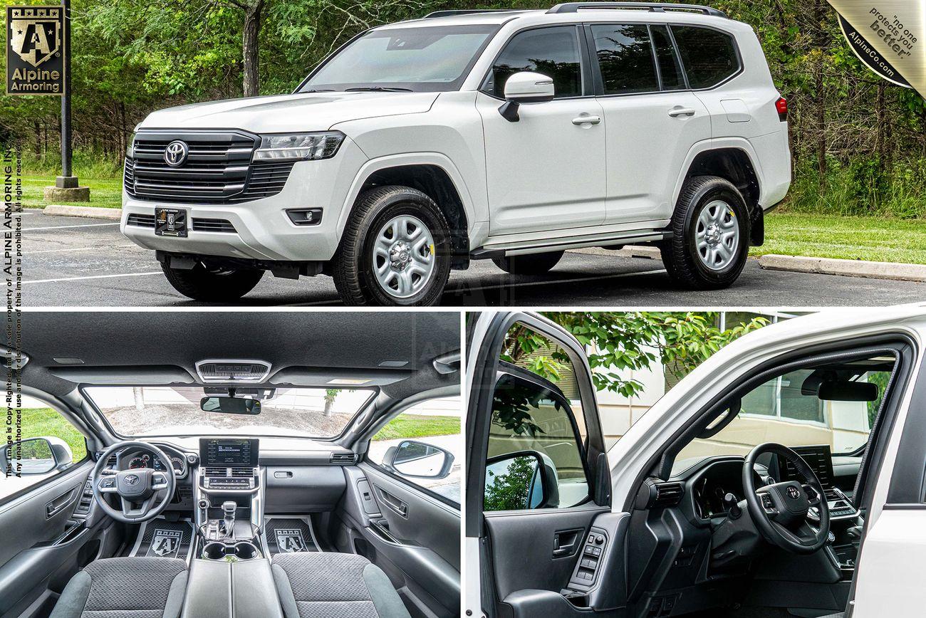 A white armored Toyota LandCruiser 300 SUV is parked on a street. The collage shows an exterior view and the vehicle's interior, including the dashboard, center console, and steering wheel.