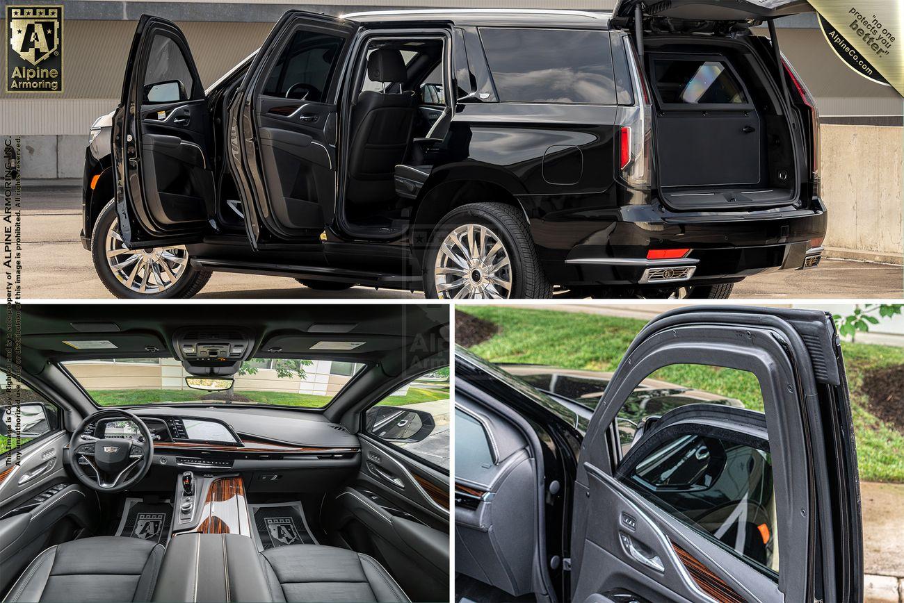 A black armored Cadillac Escalade SUV is pictured with its doors and rear hatch open, revealing a spacious and well-appointed interior. The image includes exterior views and detailed shots of the front and rear cabin.