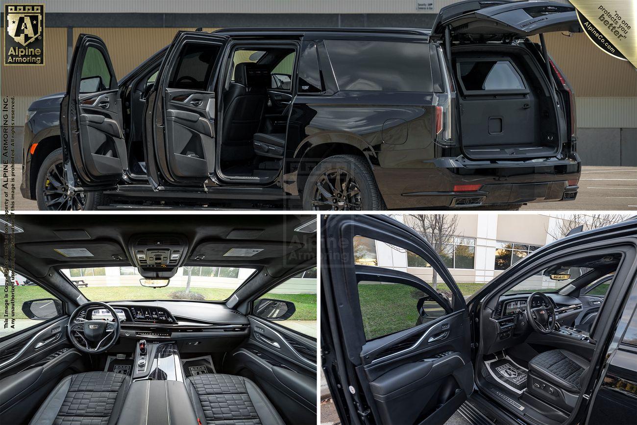 A black Cadillac Escalade ESV SUV with all doors open. The collage shows the spacious rear cargo area, front passenger view, and detailed dashboard, featuring a modern interior design and leather seating.