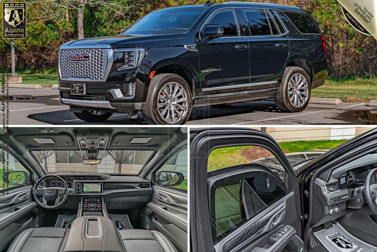 A black GMC Yukon Denali is shown from the exterior, with interior views highlighting the dashboard, steering wheel area, and passenger seats.