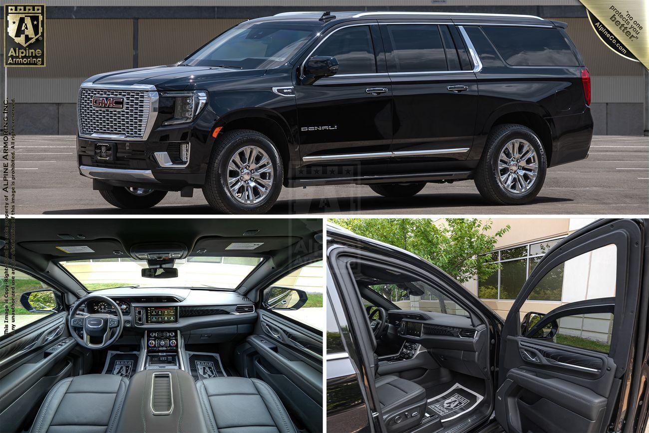 A black armored GMC Yukon Denali XL SUV is showcased in three images: a full side view, the dashboard and front seats, and the open rear door displaying the spacious interior.