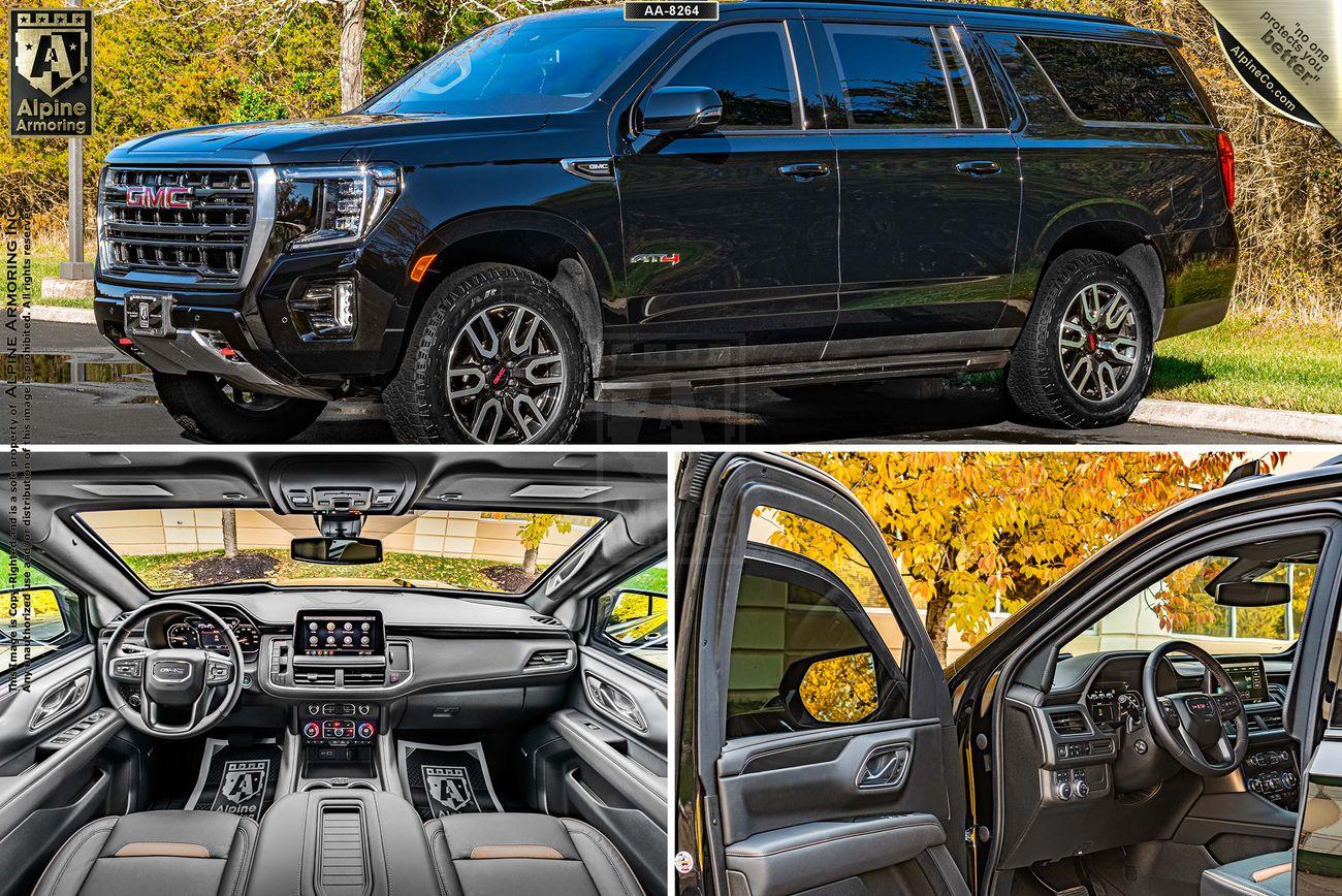 A collage of an armored black GMC Yukon XL AT4 SUV showing exterior front and side profiles, the dashboard with the steering wheel, and the open driver's door revealing the interior.