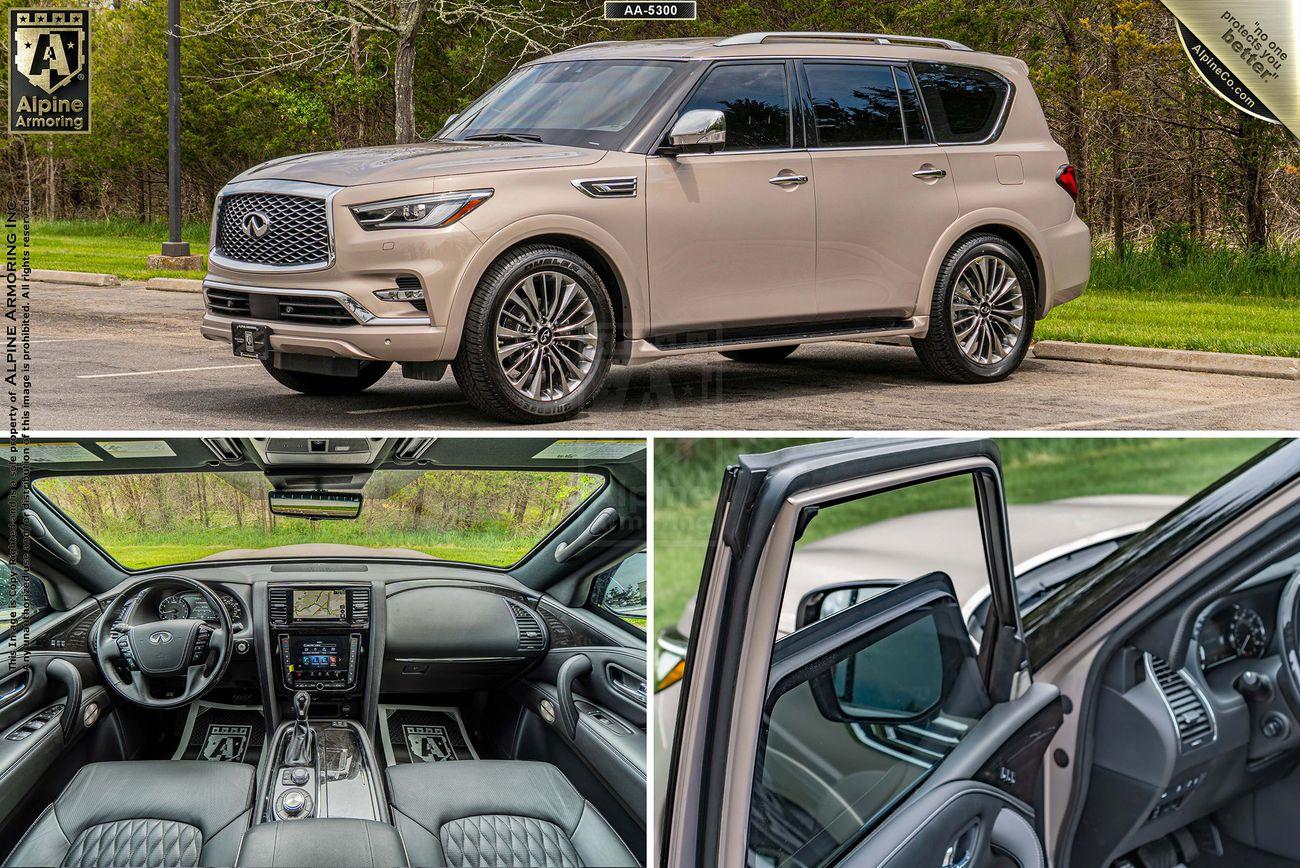 A beige INFINITI QX80 SUV is parked on a road. Below are two smaller images: the left shows the interior dashboard, and the right shows the open passenger door from a rear-side angle.