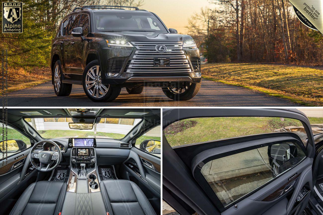 A collage featuring an armored black Lexus LX600 Ultra Luxury, its interior dashboard view, and a close-up of a rear passenger window.