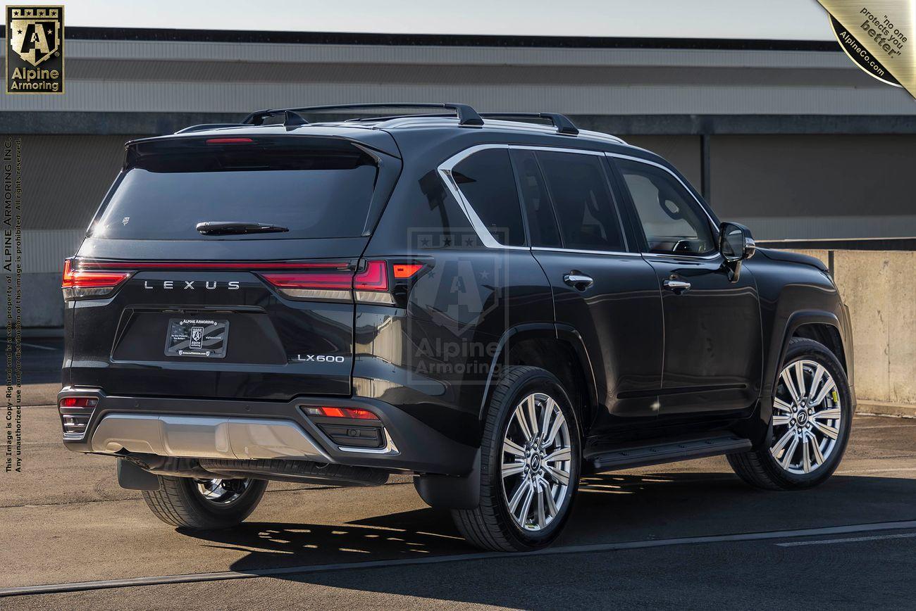 Rear view of an armored Lexus LX600 Ultra Luxury parked on a rooftop parking lot.