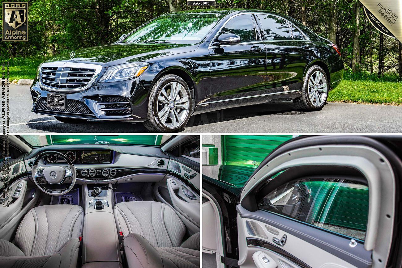 A black armored Mercedes S560 sedan is displayed; interior view shows leather seats, a steering wheel, and dashboard, with another image showing a close-up of a rear passenger door.