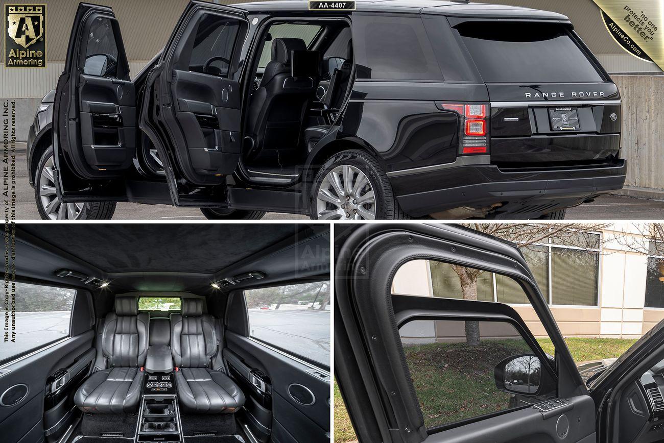 Collage of a black Range Rover Autobiography showing the exterior with open doors, rear view, interior seats, and a close-up of a bulletproof window.