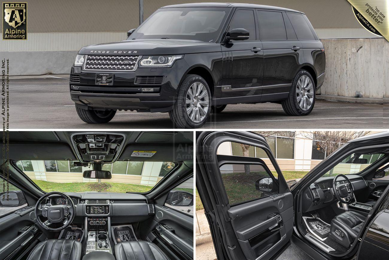 A collage shows a black armored Range Rover Autobiography from the outside, the interior dashboard and steering area, the back seats, and the open driver's door.