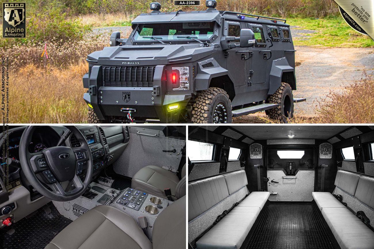 A three-image collage showcases an armored Pit-Bull VX. The top image shows its exterior, while the bottom left displays the driver's cabin and the bottom right the passenger compartment.