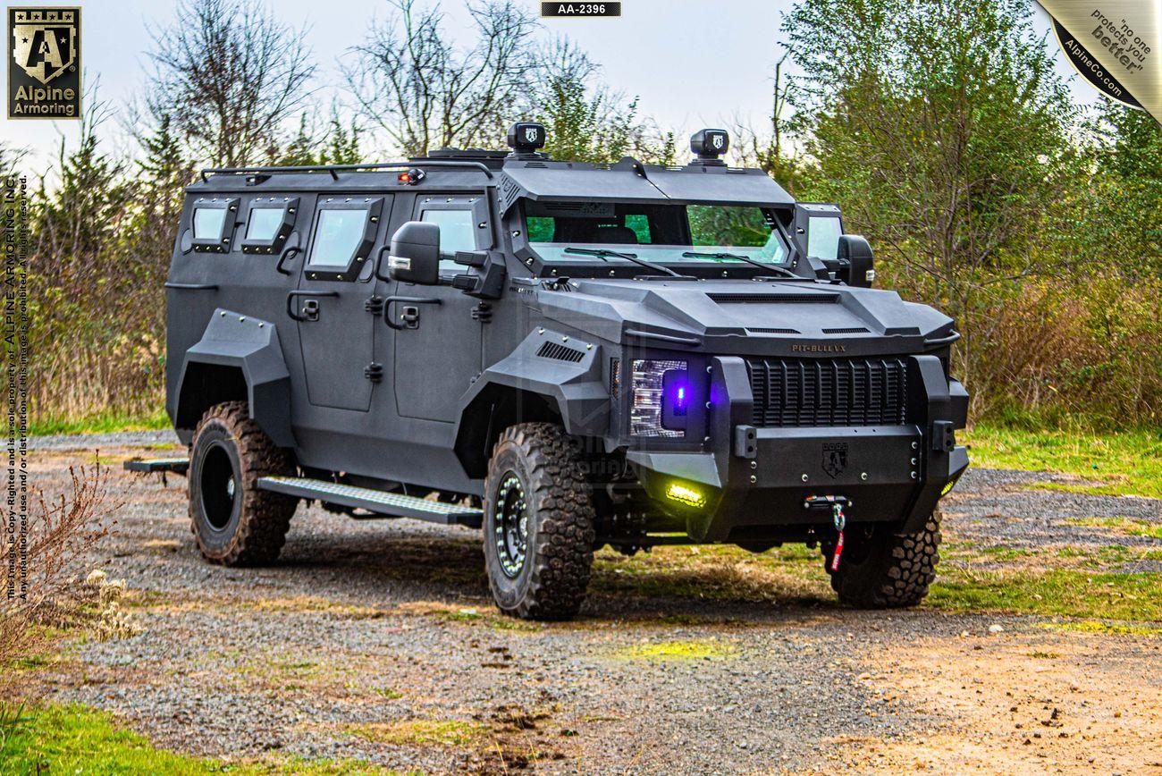 A three-image collage showcases a rugged armored Pit-Bull VX. The top image shows its exterior, while the bottom left displays the driver's cabin and the bottom right the passenger compartment.