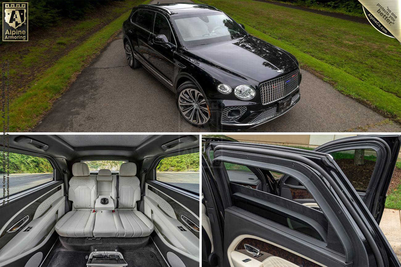 Image collage of a black Bentley Bentayga SUV: top view of the vehicle on a driveway, bottom left shows white leather interior with three rows of seats, and bottom right shows rear door panel detailing.