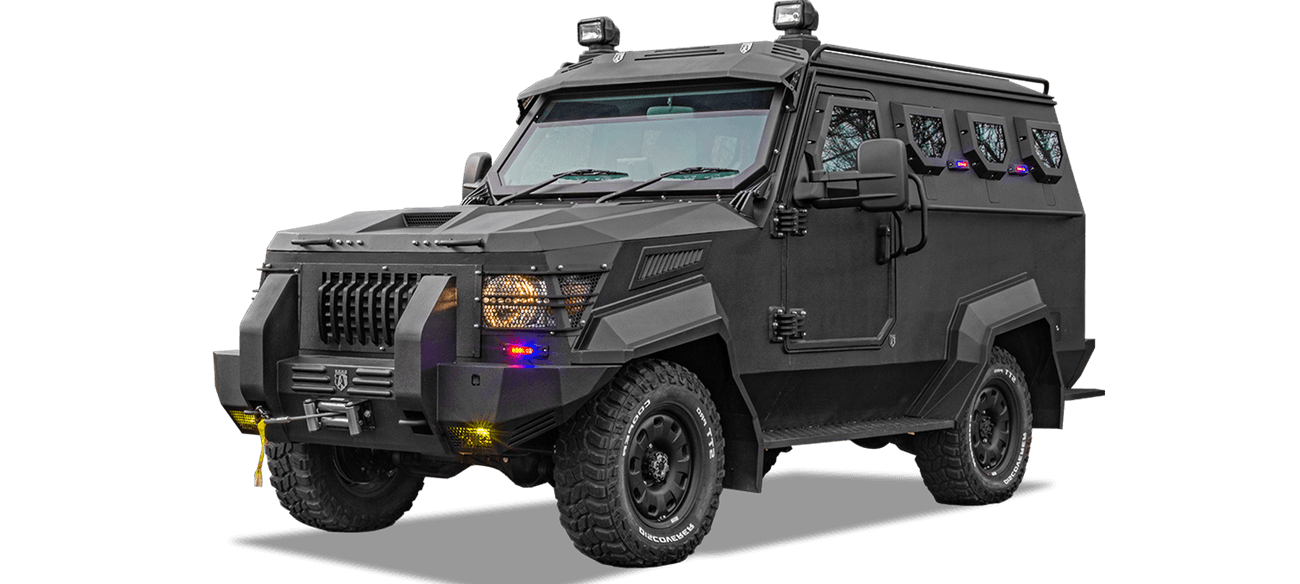 An armored Cuda APC with black exterior, equipped with reinforced plating, bulletproof windows, and advanced off-road tires, designed for high protection and rugged terrain navigation.