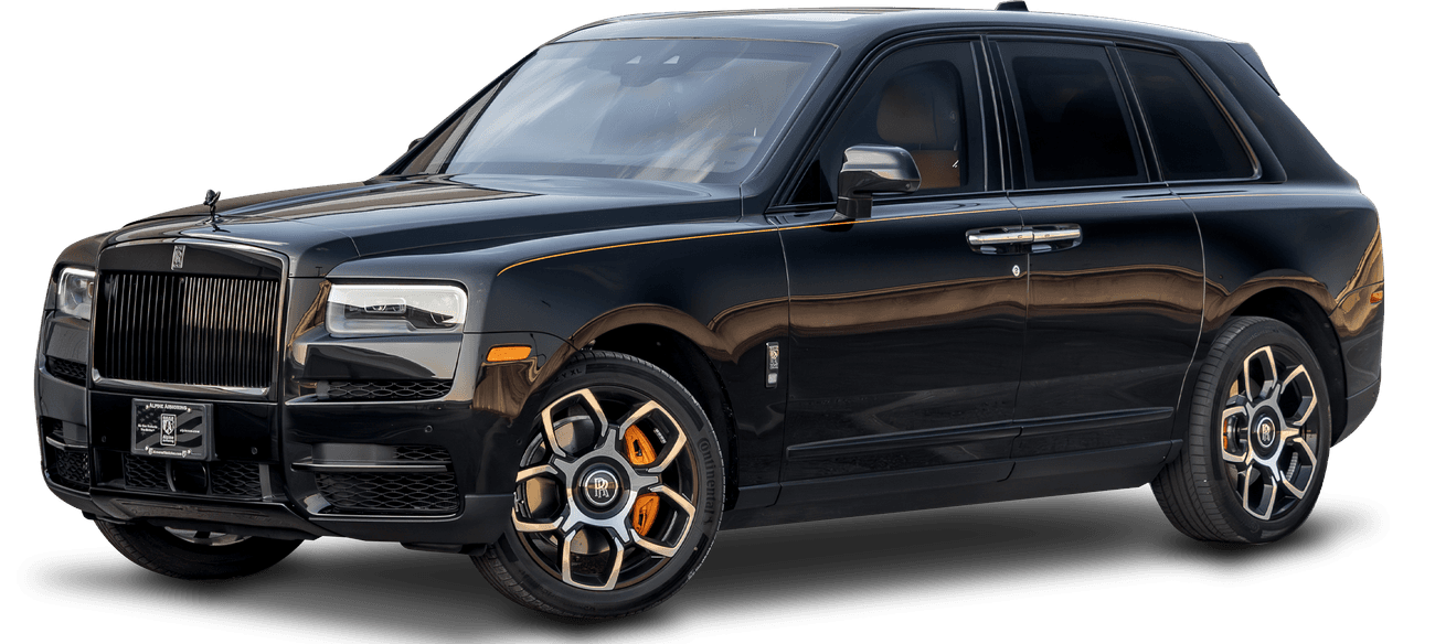 A black luxury armored Rolls-Royce Cullinan with silver trim and distinctive wheels is parked at an angle, showcasing its sleek design and prominent grille emblem.