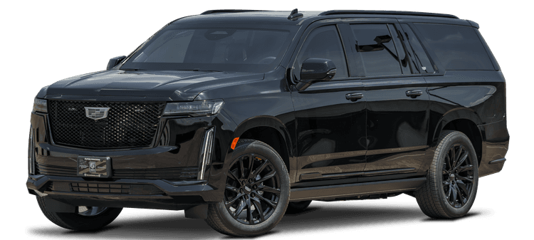 A black armored Cadillac Escalade ESV SUV is shown from the front left side, featuring tinted windows and a sleek design.