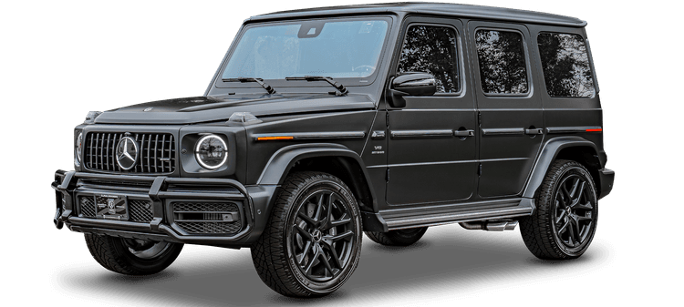 A black Mercedes G63 SUV with four doors, prominent wheel arches, and a boxy design.