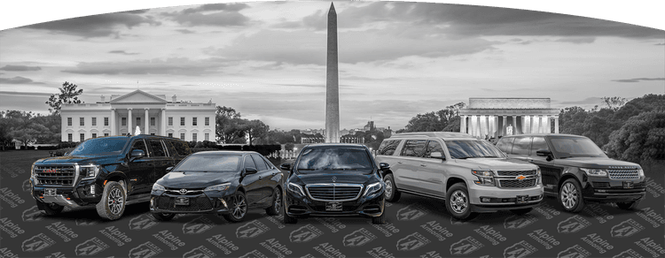 Five preowned armored vehicles including SUVs and sedans from Alpine Armoring, displayed in front of Washington, D.C. landmarks.