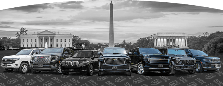 A lineup of six armored SUVs from Alpine Armoring, including brands like GMC, BMW, Cadillac, and Mercedes, displayed in front of Washington, D.C. landmarks.