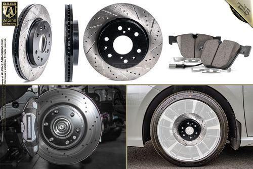 Image showing a brake kit with drilled and slotted rotors, brake pads, and a close-up view of an installed rotor and wheel on a car.