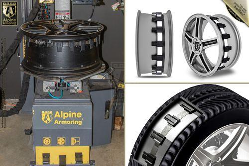 A machine labeled "Alpine Armoring" working on a vehicle rim is shown on the left, while the right side displays two detailed images of similarly designed vehicle rims.