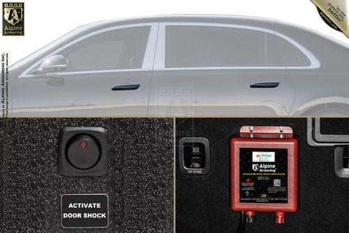 A side view of a car is shown on the top half of the image. The bottom half displays a close-up of an Alpine Armoring device with a "Activate Door Shock" button and a control unit.