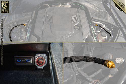 Car engine bay with visible cabling and a fuse holder. Bottom left shows car interior with charger ports and digital display. Bottom right shows a close-up of a cable connector.