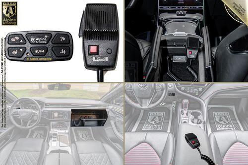 A collage showing Alpine Armoring's vehicle console and accessories, including a control panel, microphone, and vehicle interiors with mounted devices.