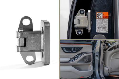 The image shows a car door hinge on the left, and a close-up of the hinge installed in a door frame and the interior of a car door on the right.