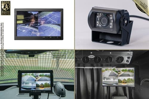 A collage of four images displaying a vehicle surveillance system, including two monitor screens showing various camera angles and a close-up of one surveillance camera.