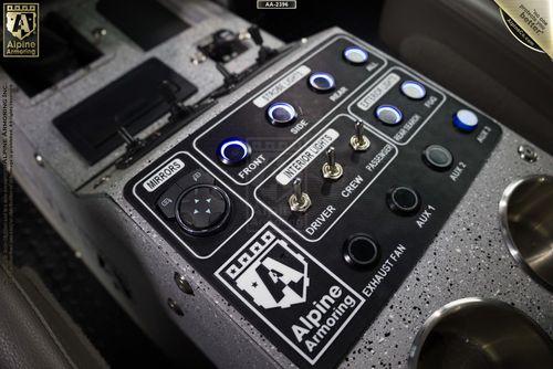 Close-up of a Pit-Bull VX control panel labeled "Alpine Armoring," featuring switches and knobs for functions like mirrors, intercom, lights, and exhaust fan, with cup holders on the right.