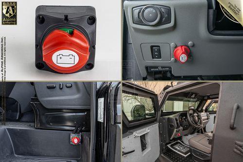 The image shows various views of a car interior, focusing on a safety power switch installed near the battery. One button is on the dashboard, and another switch is in the rear vehicle compartment.