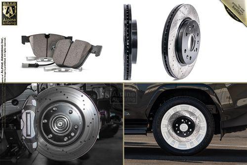 Image collage of brake components: brake pads (top left), brake rotor (top right), close-up of mounted rotor (bottom left), and a vehicle with installed wheel and rotor (bottom right).