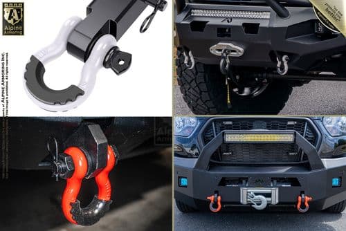 A collage of four images showing different colored and shaped shackles attached to vehicle bumpers, including white, gray, black, and red options. One image includes the Alpine Armoring logo.