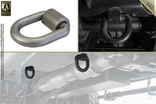 Alpine Armoring hose kit features a close-up of a metal D-ring shackle, and two separate images showing their mounting under a vehicle. The Alpine Armoring logo is in the corner.