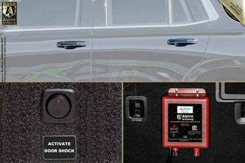 Image shows a close-up of a dark-colored vehicle with highlighted details. Includes a button labeled "ACTIVATE DOOR SHOCK" and a red-potted module marked "Alpine Armoring.