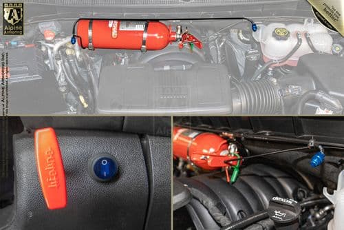 A vehicle engine compartment is shown with a fire suppression system installed, featuring a red cylinder and activation switch. Close-ups display the blue activation button and the "lifeline" fire system brand.