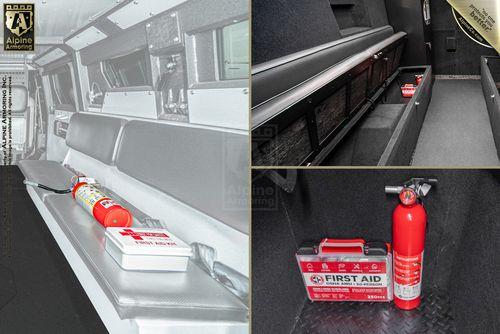 A collage shows a first aid kit and fire extinguisher placed on a bench seat, inside a storage compartment, and adjacent to each other in a vehicle.