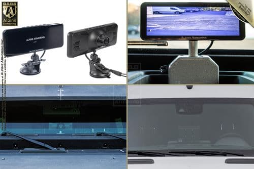 A quad-split image displaying different views and components of a vehicle camera system by Alpine Armoring Inc., including a monitor, rearview installation, and vehicle setup.