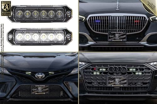 Four-part image showing different vehicle front grills. Upper sections feature dual light units and a luxury car with a badge, lower sections show mid-range car grills with lighting units and badges.