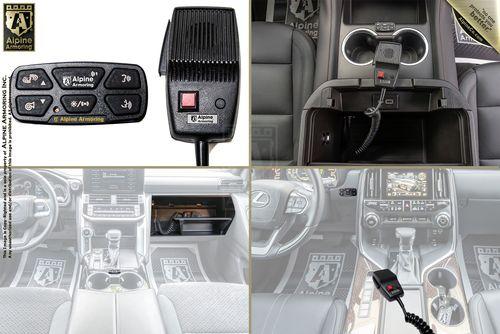 A collage showing an Alpine Armoring Inc. car control device, its installation in a vehicle's center console, and the front interior highlighting the integrated device.