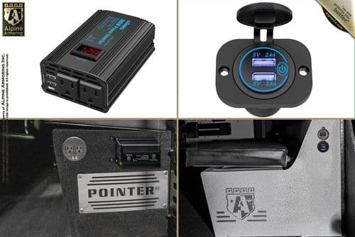 A grid of images showing a power inverter, a USB charging port, a vehicle interior with electric outlets, and branding details of Alpine Armoring and Pointer.