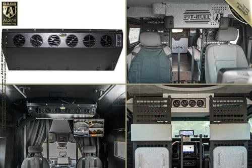 Collage of four images showcasing the installation of "Pit-Bull" branded air conditioning units and gauges inside the cabin of a vehicle.