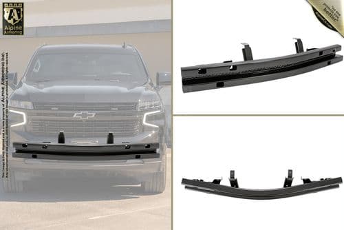 Front view of a dark-colored Chevrolet truck and two separate images of a black bumper reinforcement bar, shown from different angles.