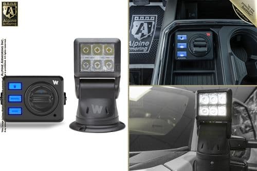 Collage image of a vehicle spotlight system from Alpine Armoring, showing the control panel, a mounted spotlight on a vehicle, and close-up details of the spotlight.